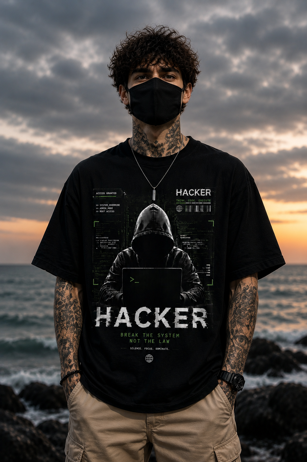 "Hacker: Break The System" Cyberpunk Graphic Oversized T-Shirt — Black 2