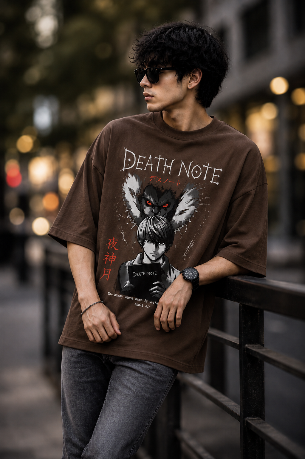 "Death Note: Light & Ryuk" Anime Graphic Oversized T-Shirt — Brown 1