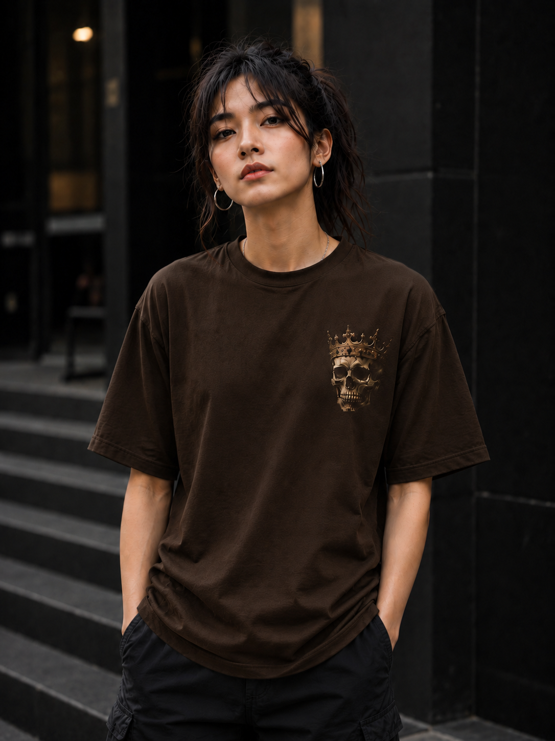 "Crowned Skull" Small Chest Graphic Oversized T-Shirt — Brown 3