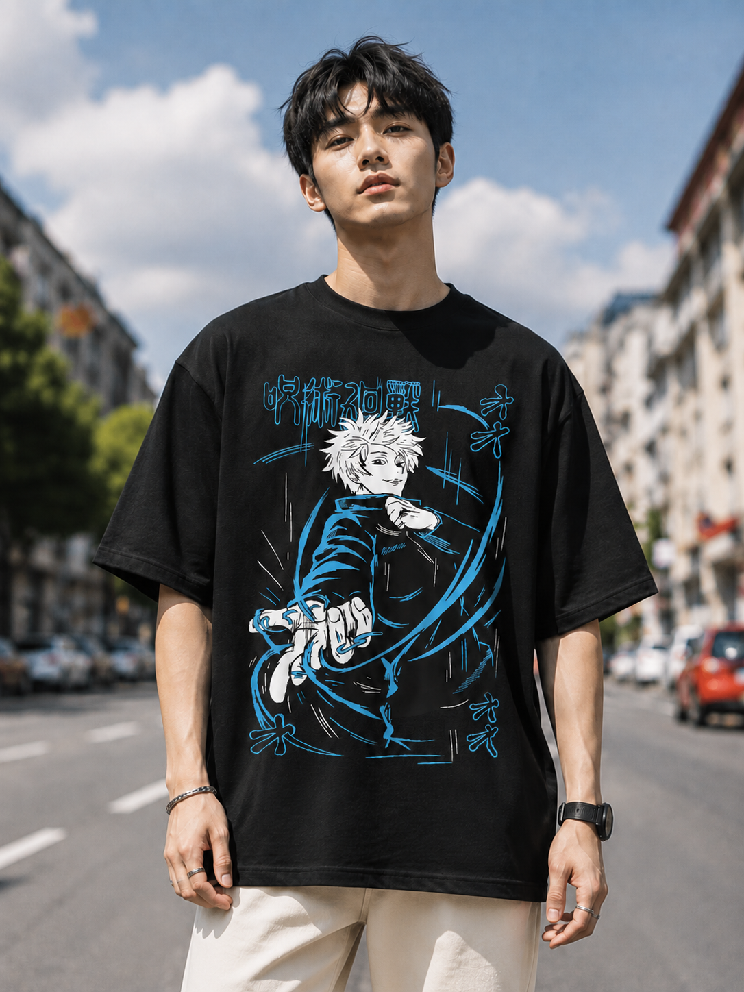 "Gojo Satoru: Cursed Energy" Anime Graphic Oversized T-Shirt — Black