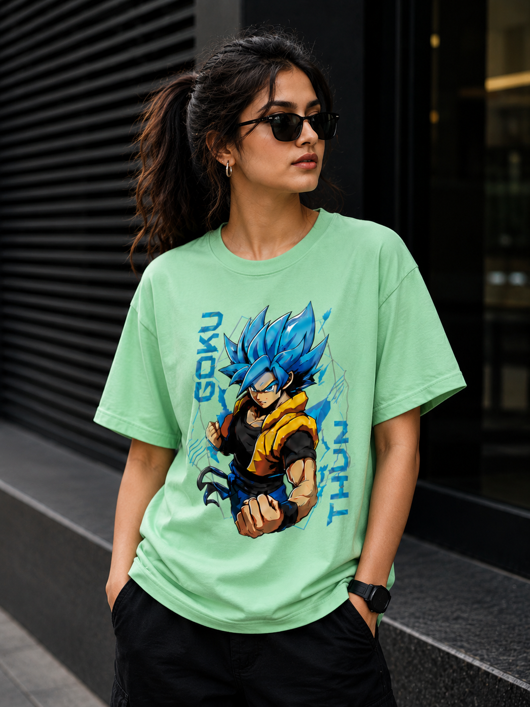 "GOKU THUN" Anime-inspired Graphic Regular T-Shirt  — Sea-Green 3