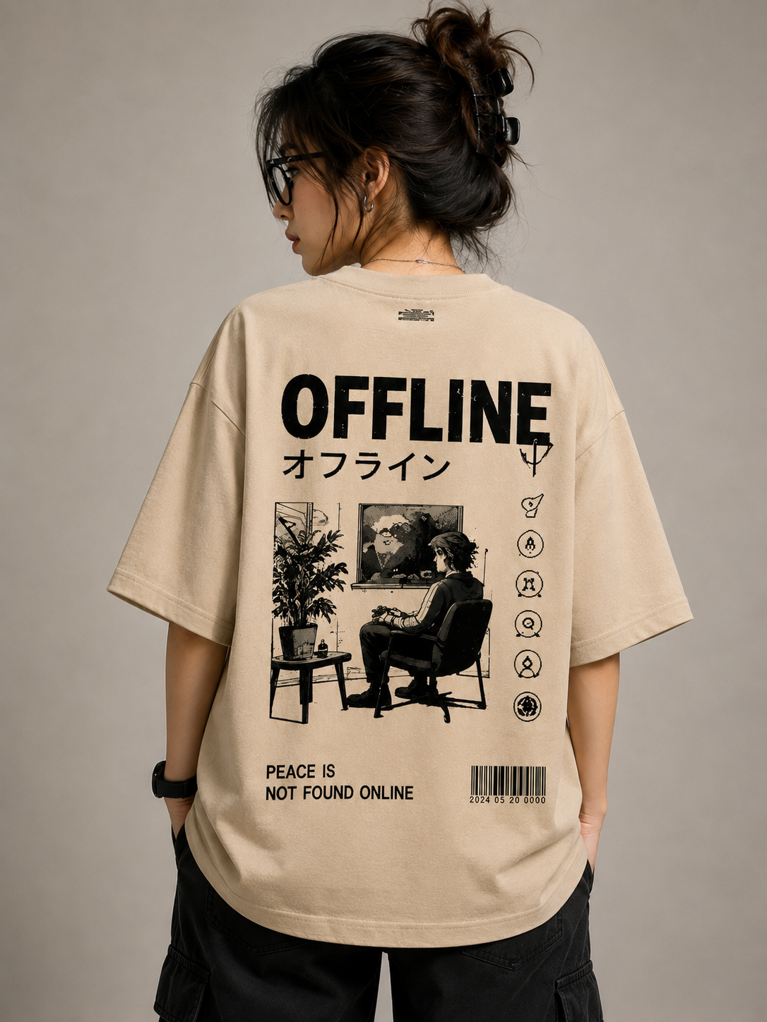 "Offline: Peace Is Not Found Online" Graphic Oversized T-Shirt — Beige 3
