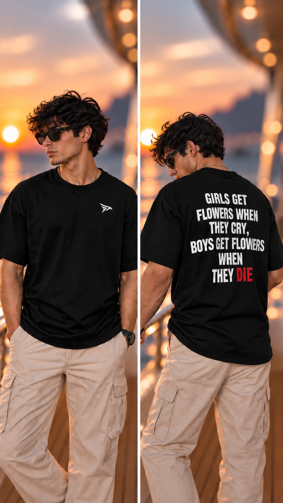 Men’s Oversized Black T-Shirt – Girls Get Flowers When They Cry | Boys Get Flowers When They Die — Black 3