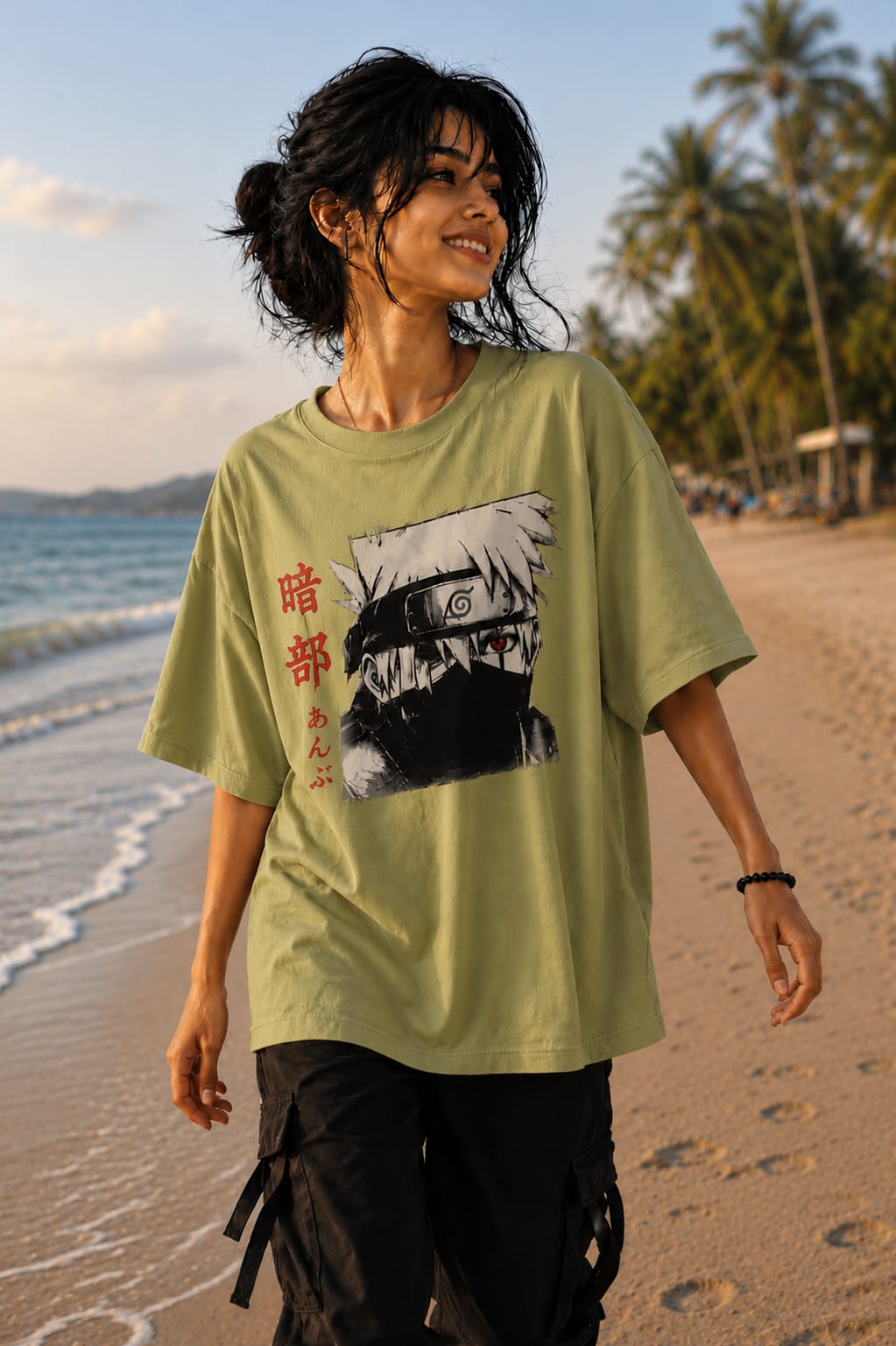 "Kakashi: Shadow Ninja" Anime Graphic Oversized T-Shirt — Avocado Green 1