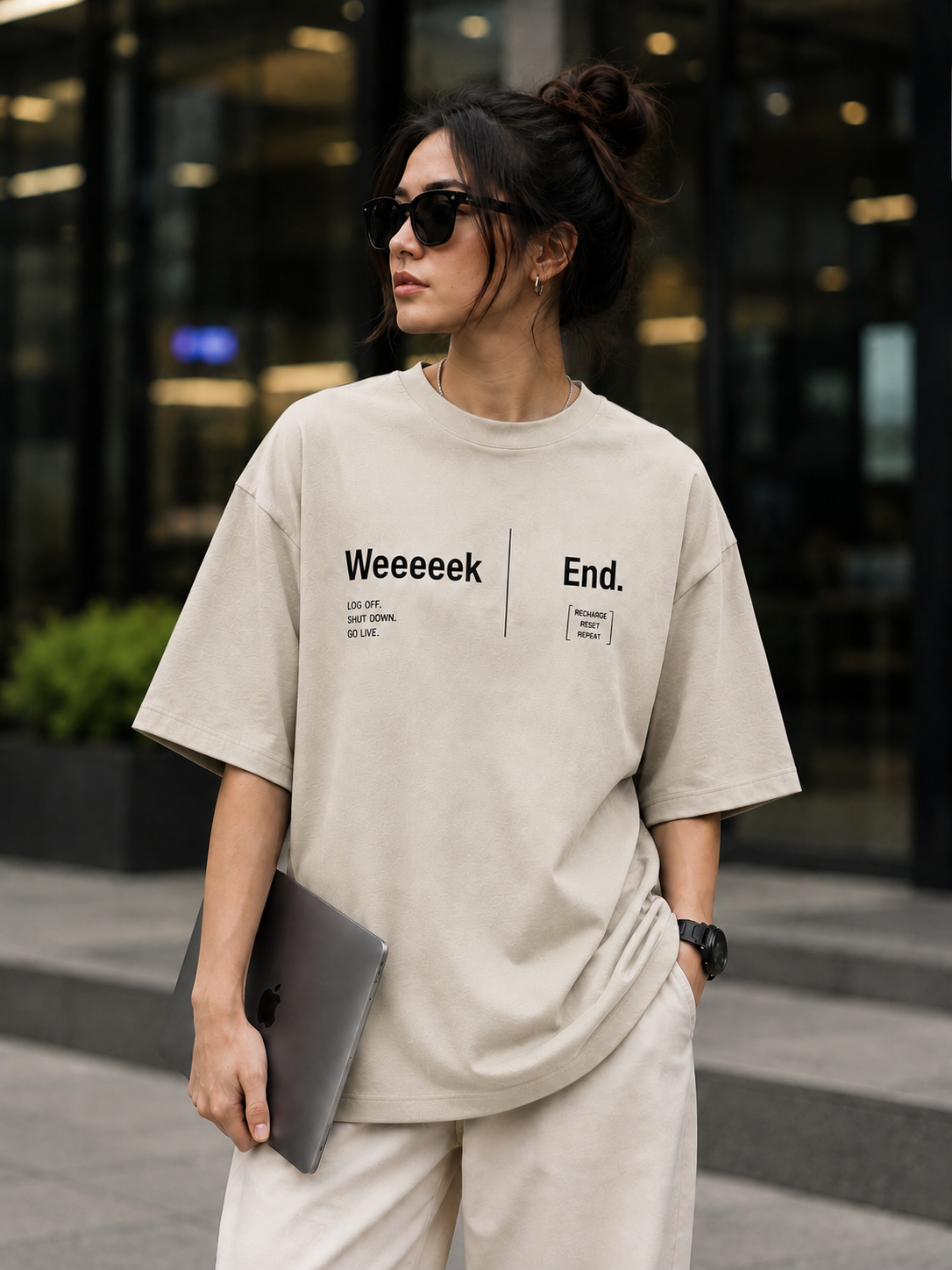 "Weeeeek End" Minimalist Tech Graphic Oversized T-Shirt — Beige 3