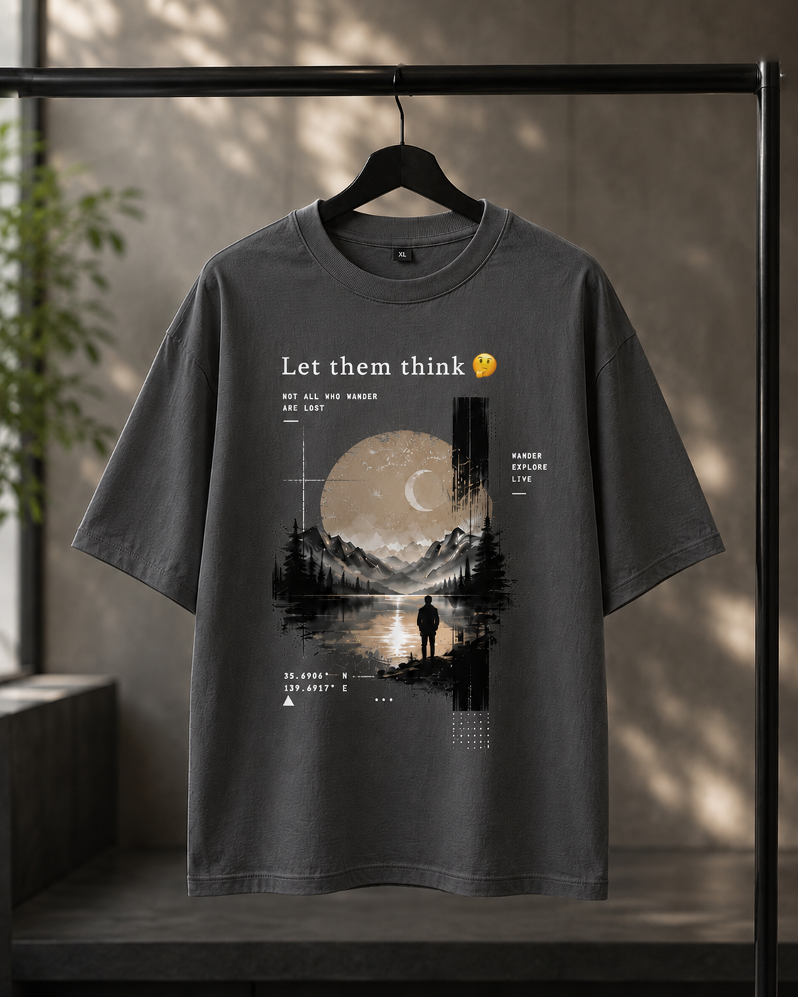 "Let Them Think" Aesthetic Wanderer Graphic Oversized T-Shirt — Smokey Grey 3