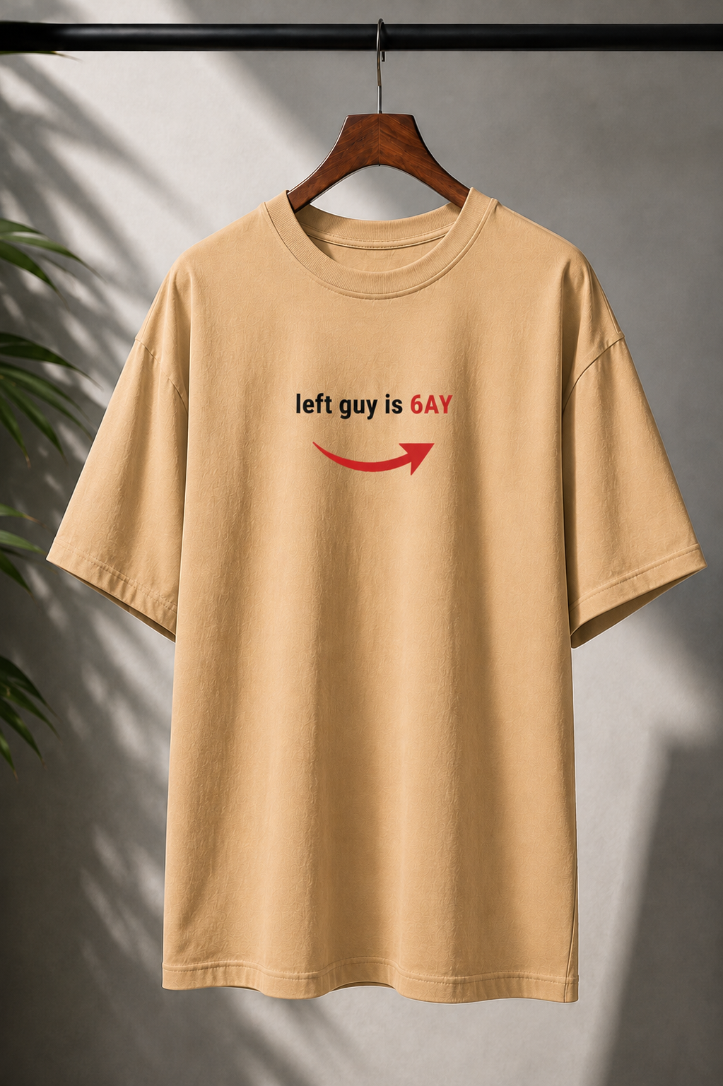 "Left Guy is Gay" Funny Arrow Graphic Oversized T-Shirt — Beige 5
