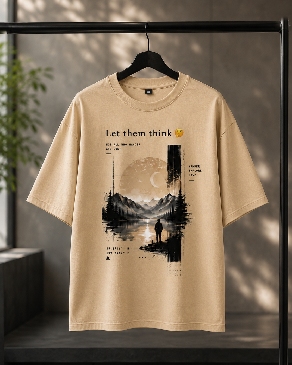 "Let Them Think" Aesthetic Wanderer Graphic Oversized T-Shirt — Beige 3