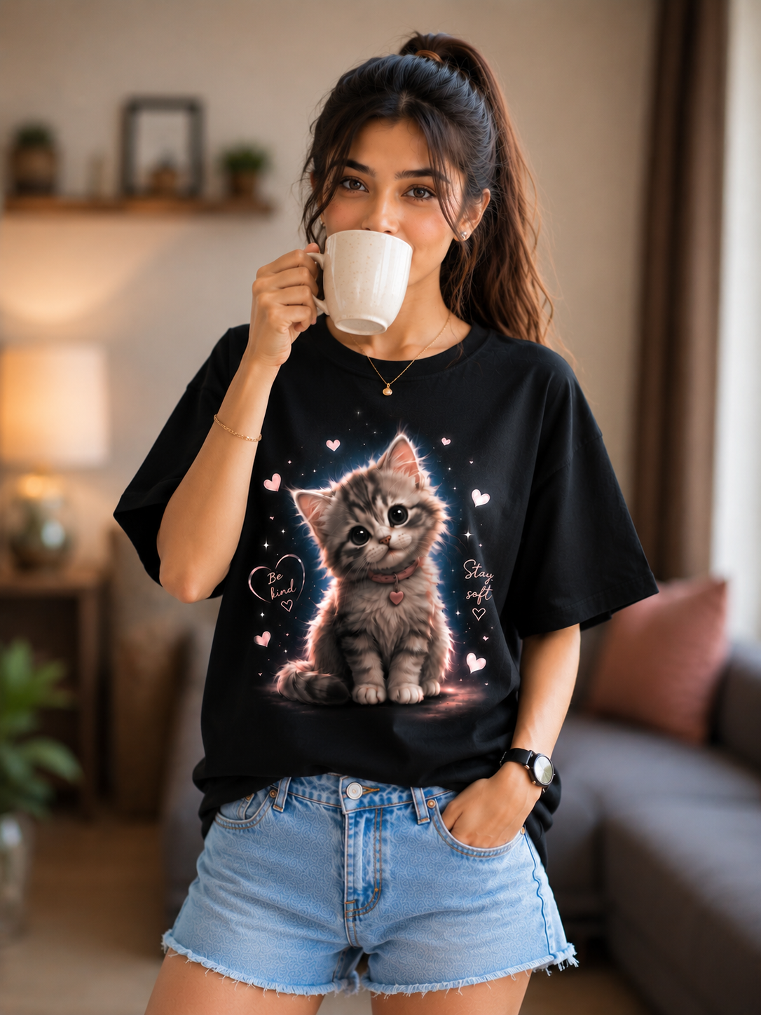 Cozy Casual Style – Cute Kitten  Black T-Shirt for Women — Black 3