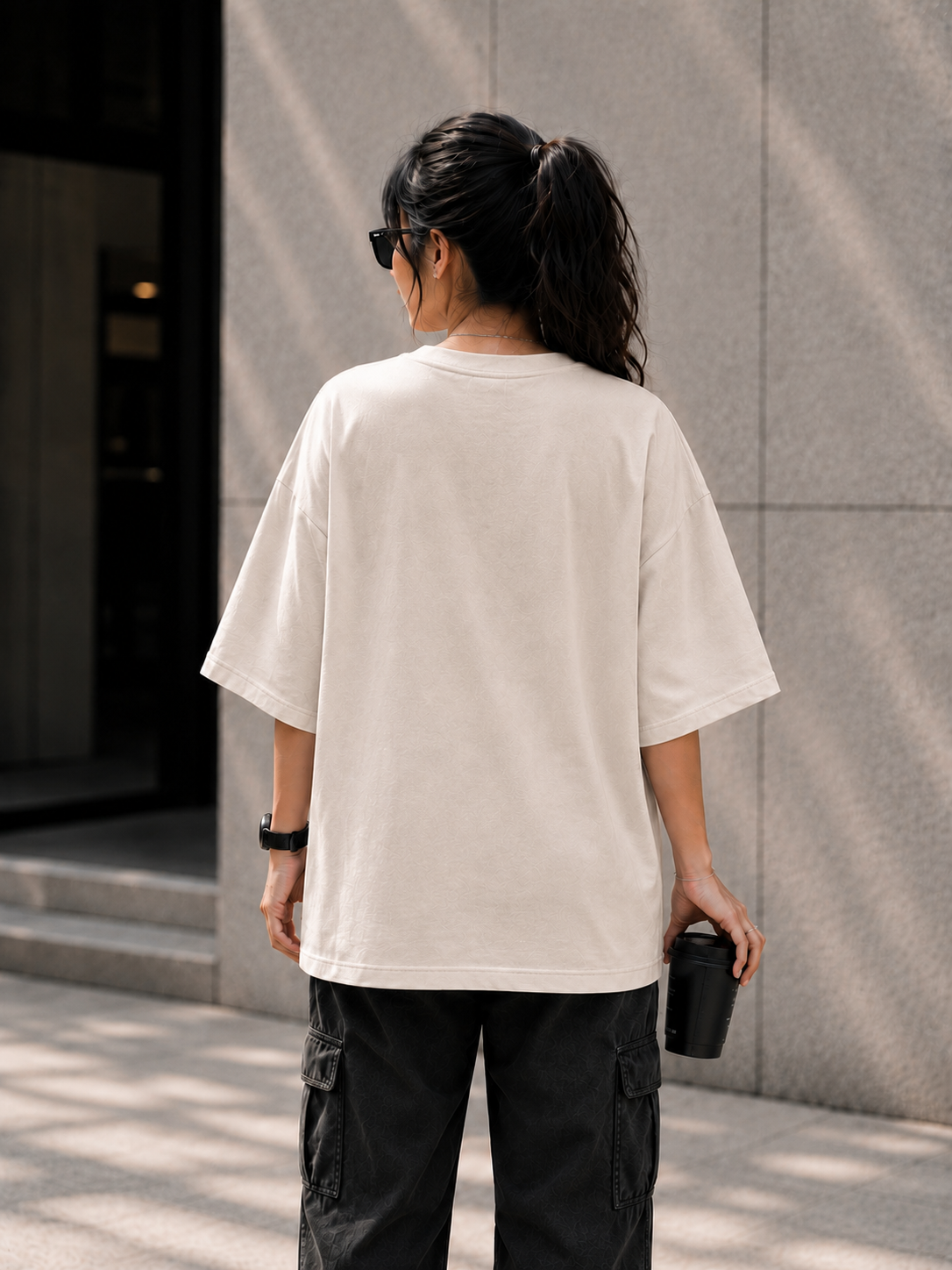 "We Don't Bite" Spider Web Graphic Oversized T-Shirt — Beige 2