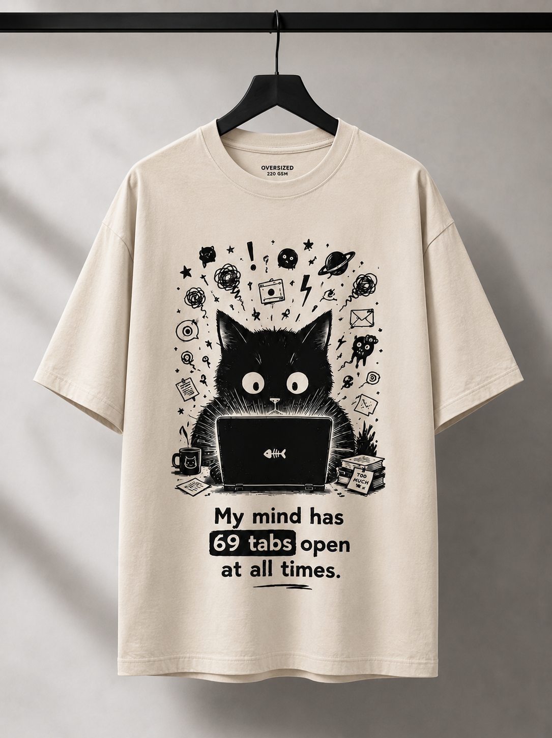 "My Mind Has 69 Tabs Open" Cat Graphic Oversized T-Shirt — Beige 3