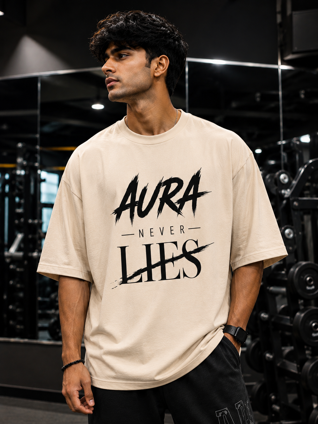 Aura Never Lies Oversized Graphic T-Shirt – Premium Cotton Men — Beige 1
