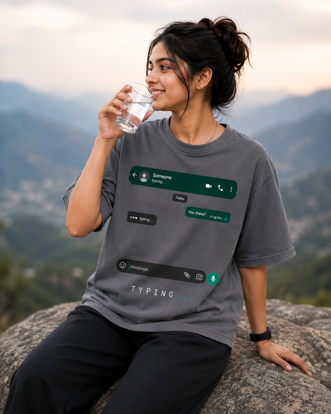 Typing... Oversized Black T-Shirt – WhatsApp Inspired Graphic | PIMBL STYLES — Smokey Grey 2