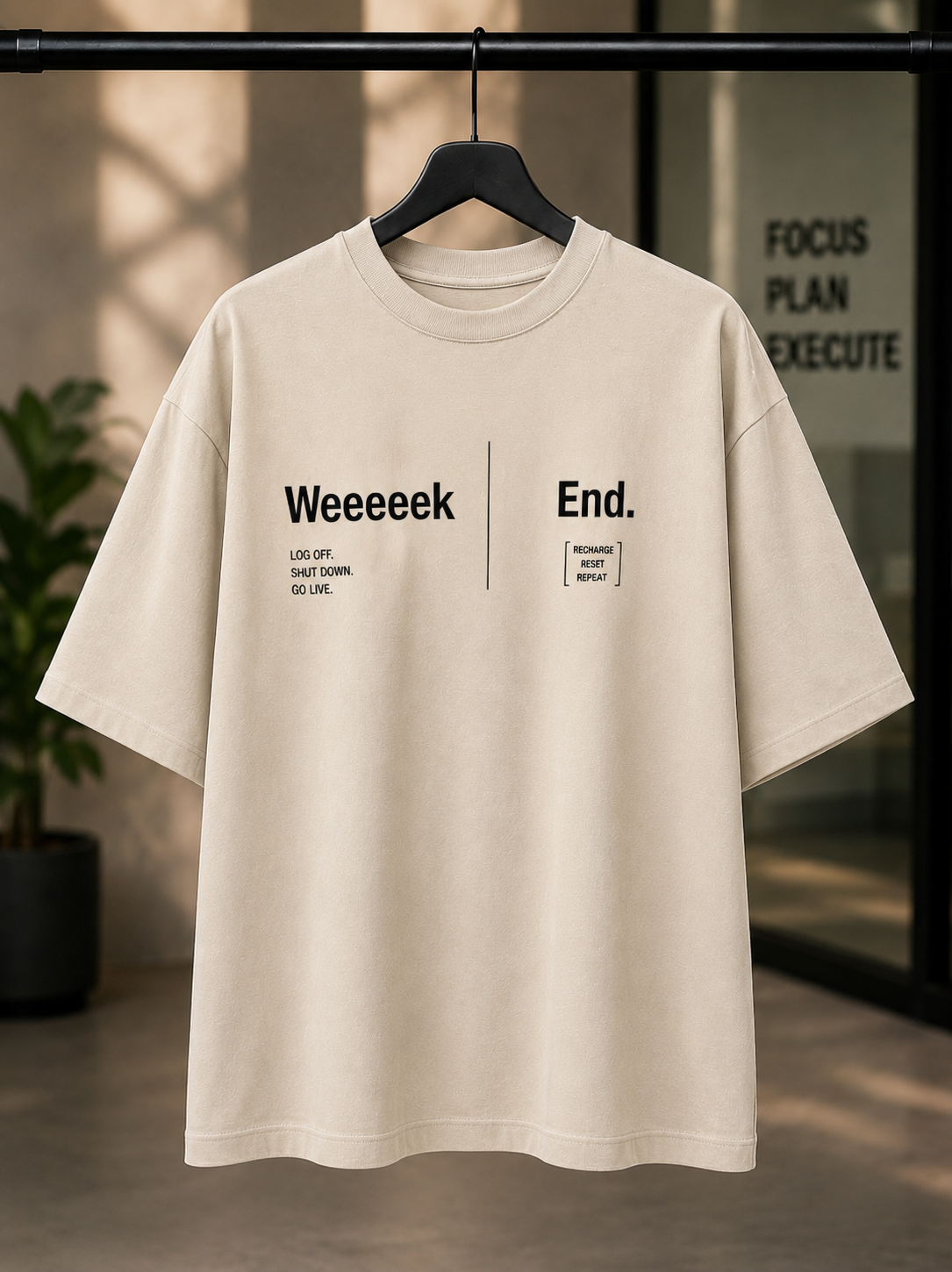 "Weeeeek End" Minimalist Tech Graphic Oversized T-Shirt — Beige 5
