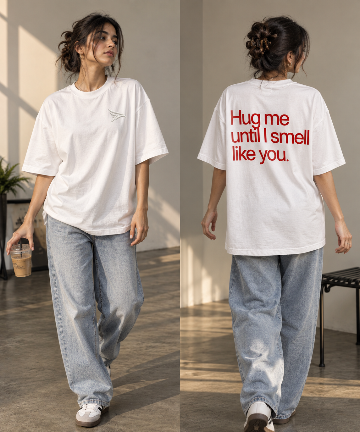 "Hug Me Until I Smell Like You" Back Print Oversized T-Shirt — White 3