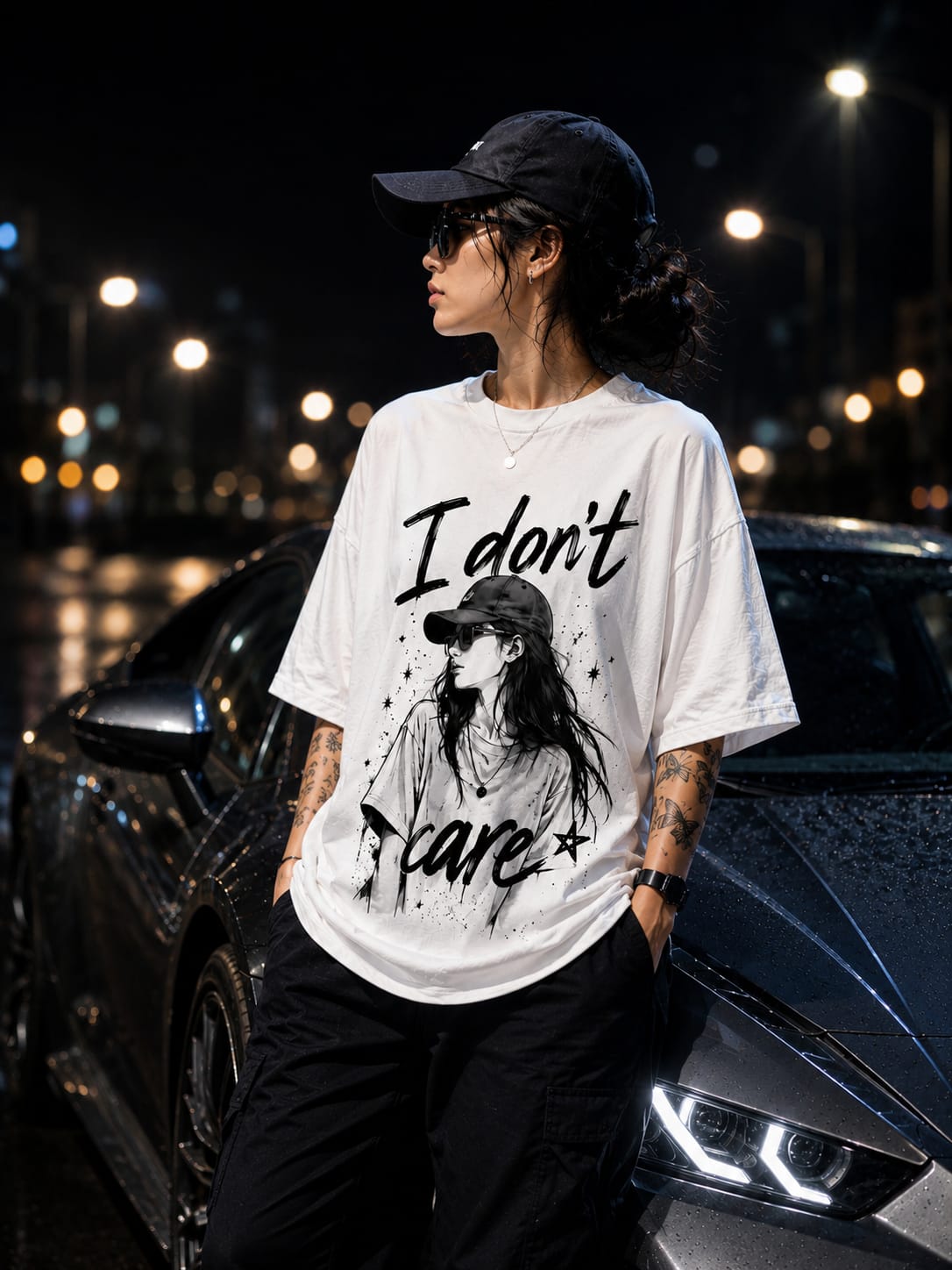 "I Don't Care" Graphic Oversized White T-Shirt — White 2