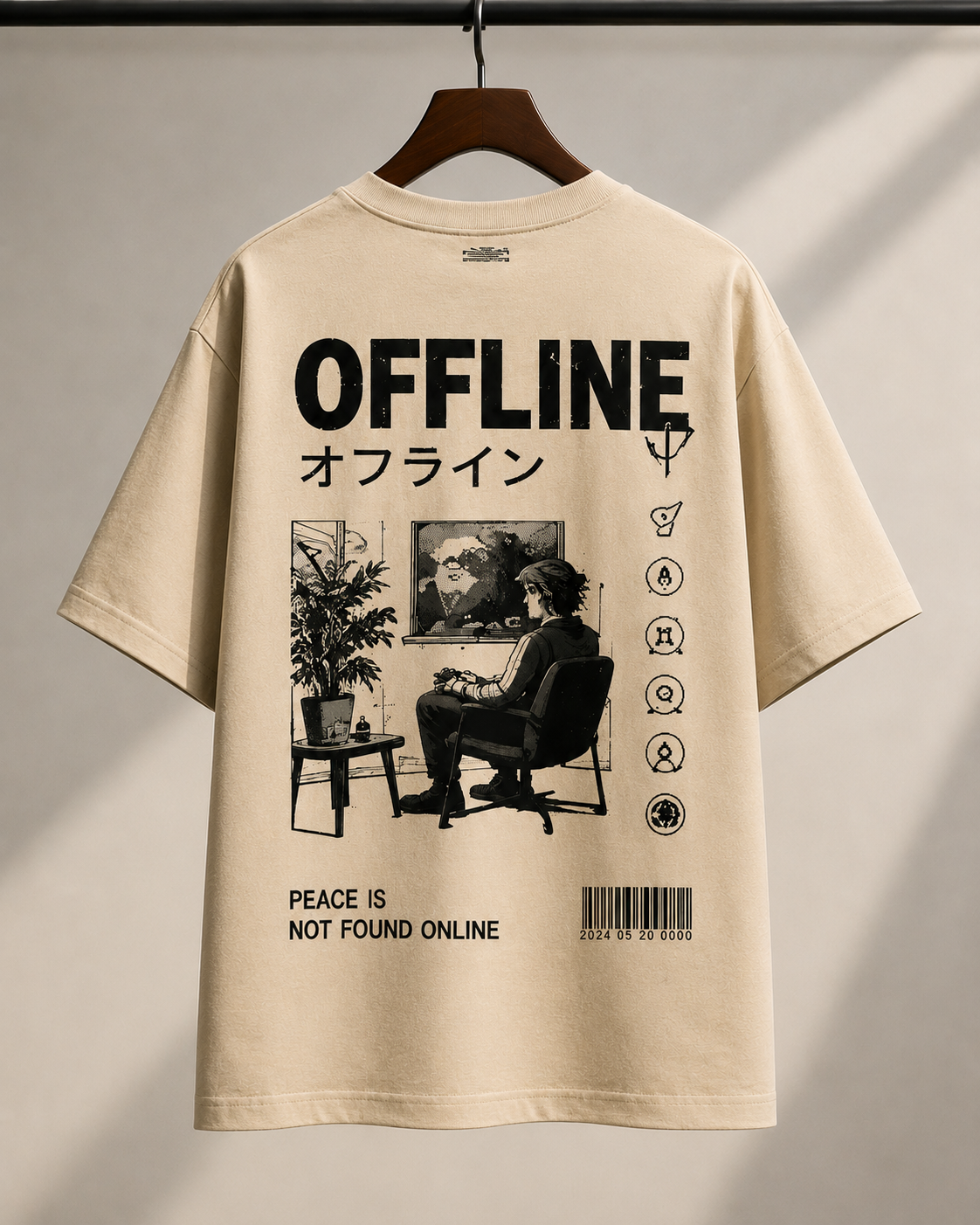 "Offline: Peace Is Not Found Online" Graphic Oversized T-Shirt — Beige 5