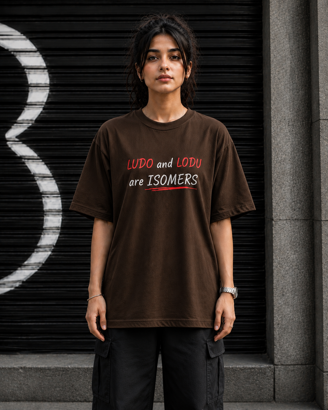 "Ludo and Lodu are Isomers" Funny Hindi Wordplay Oversized T-Shirt — Brown 3
