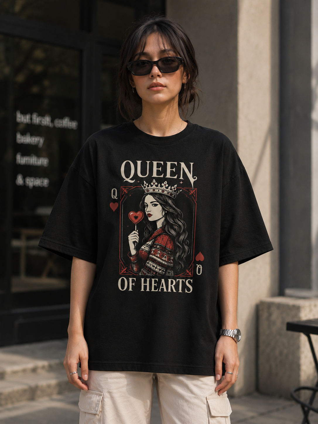 "Queen of Hearts" Playing Card Graphic Oversized T-Shirt — Black 1