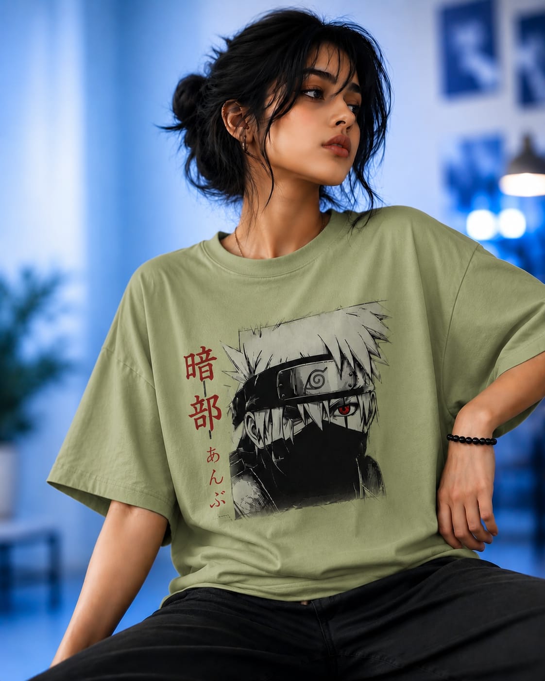 "Kakashi: Shadow Ninja" Anime Graphic Oversized T-Shirt — Avocado Green 2