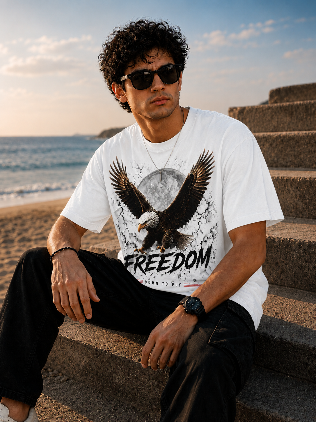 "Freedom: Born to Fly" Eagle Graphic Oversized T-Shirt — White 3