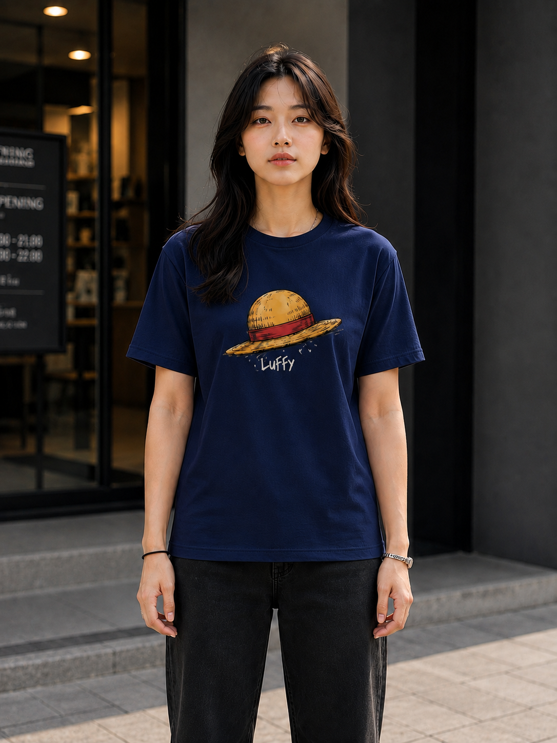 "Luffy Straw Hat" Anime Graphic Regular Fit T-Shirt — Navy Blue 3