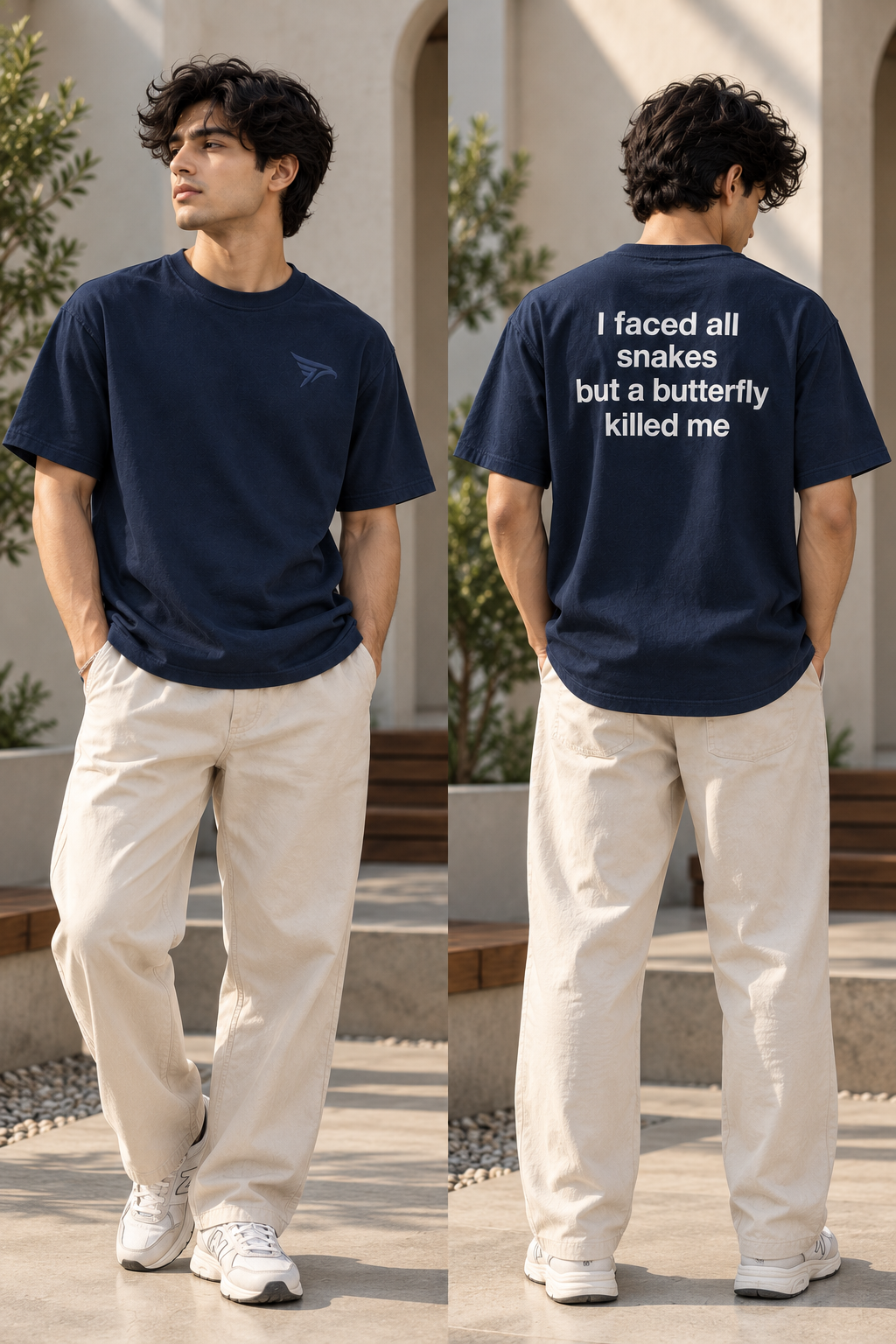 "I Faced All Snakes" Back Print Regular Fit T-Shirt — Navy Blue 3