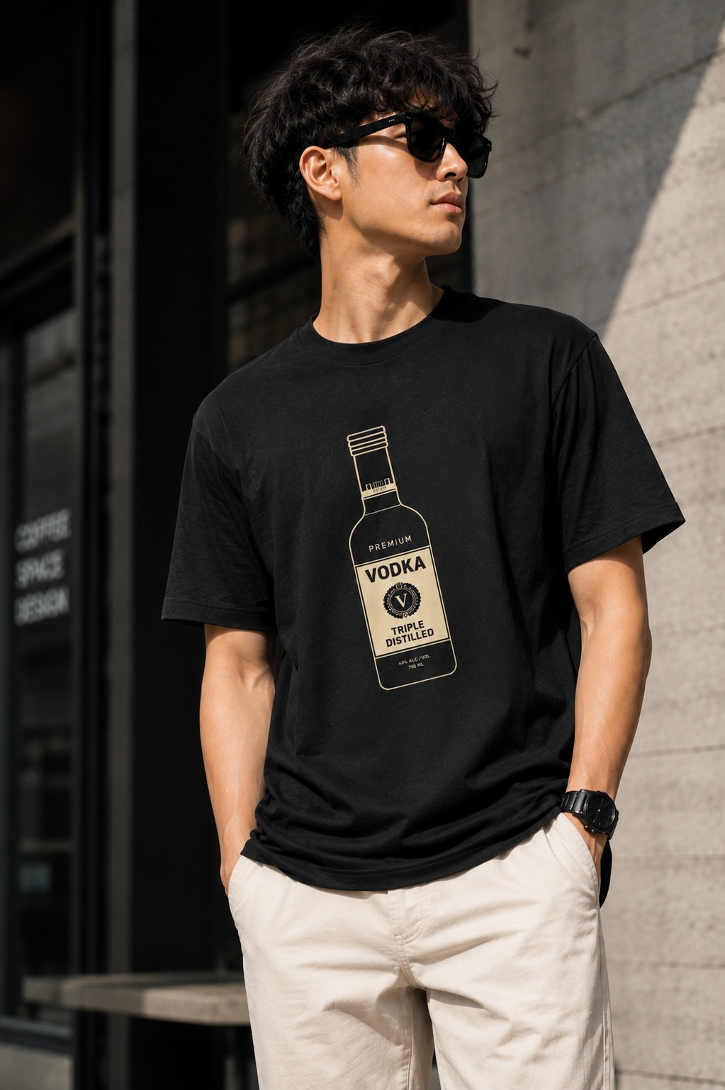 "Premium Vodka Bottle" Graphic Oversized T-Shirt — Black