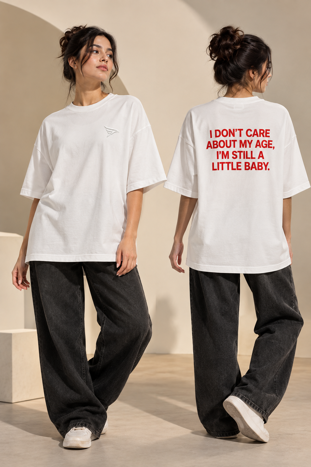 "I'm Still A Little Baby" Back Print Oversized T-Shirt — White 3