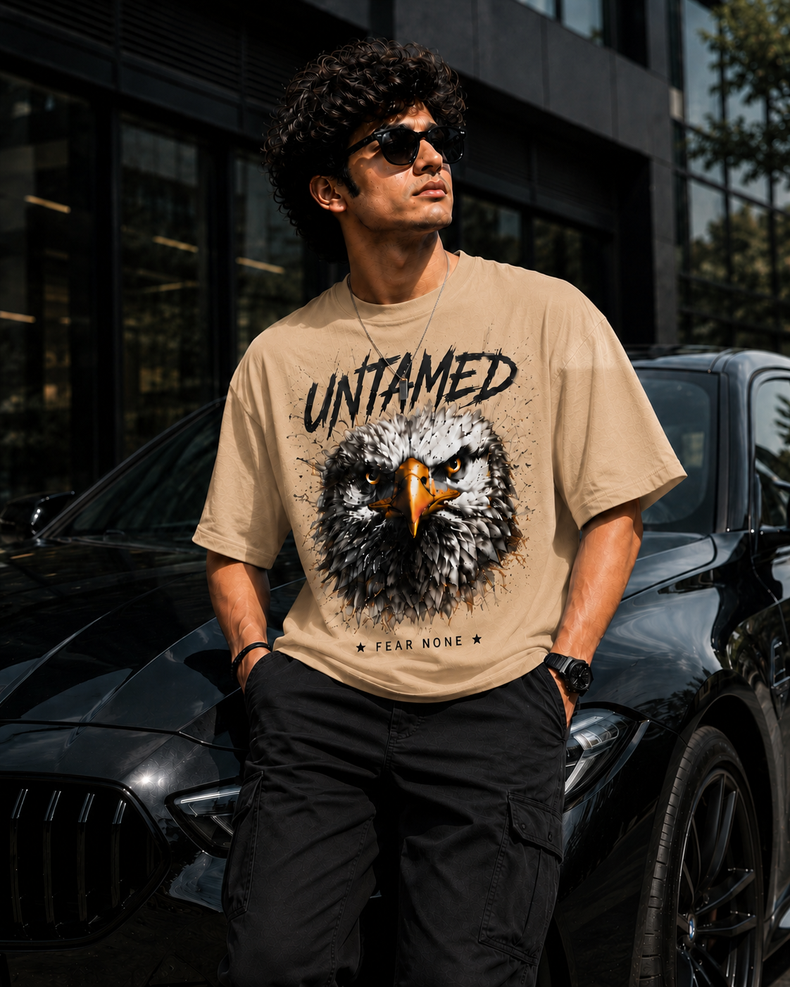 "Untamed: Fear None" Eagle Graphic Oversized T-Shirt — Beige 3